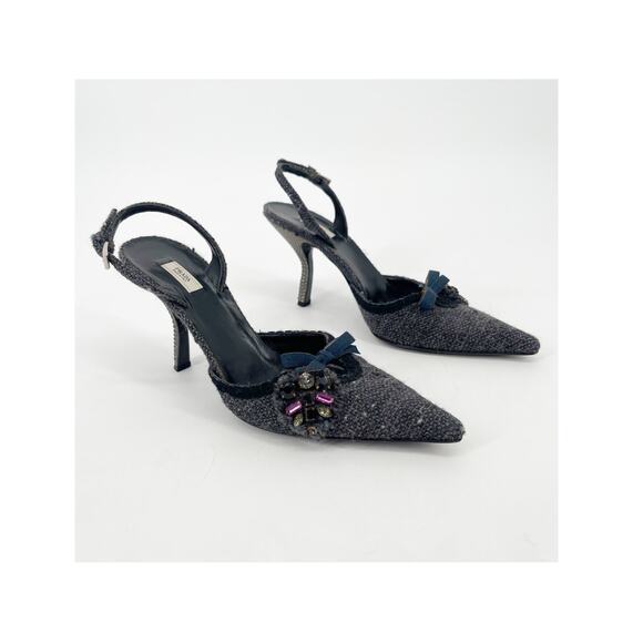 Prada Shoes - Vintage Prada Gray Tweed Crystal Bow Detail Slingback Pointed Toe Heels IT 38.5